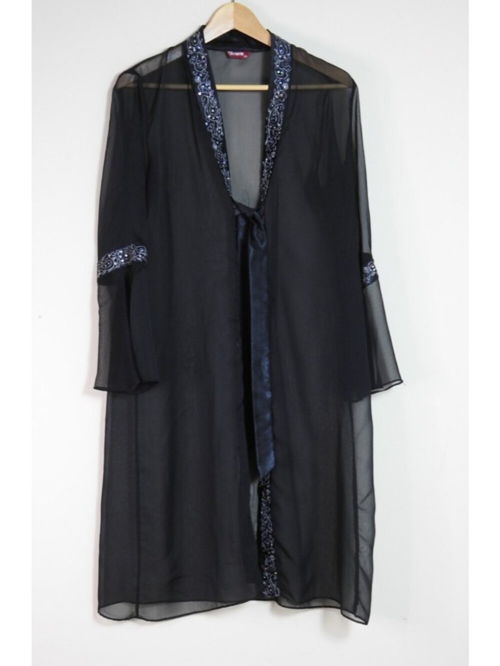 Vintage Robe Black Yasmin Sheer Kimono Duster Sz XL Trim Tie Front Boho Sexy - Picture 11 of 12